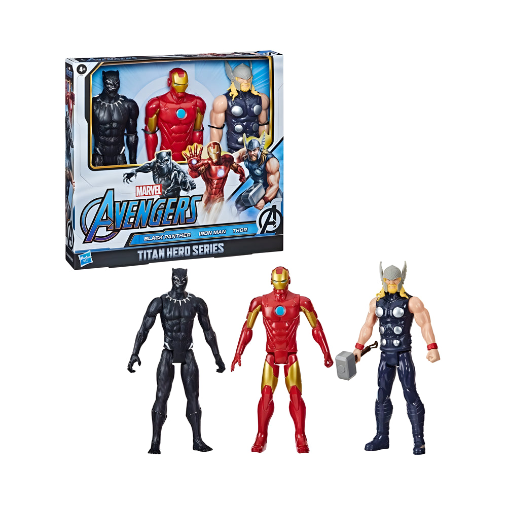 Marvel Avengers Titan Hero Series – Set de Figuras Black Panther, Iron Man y Thor
